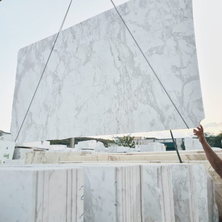 Arabescato White marble with strokes slabs bookmatch openbook — Greek marble, factory direct